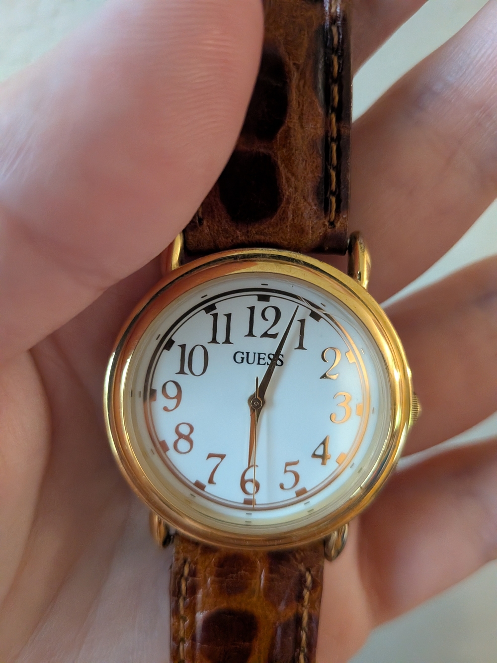 GUESS Women's Gold-Tone Round Watch with Brown Leather Strap